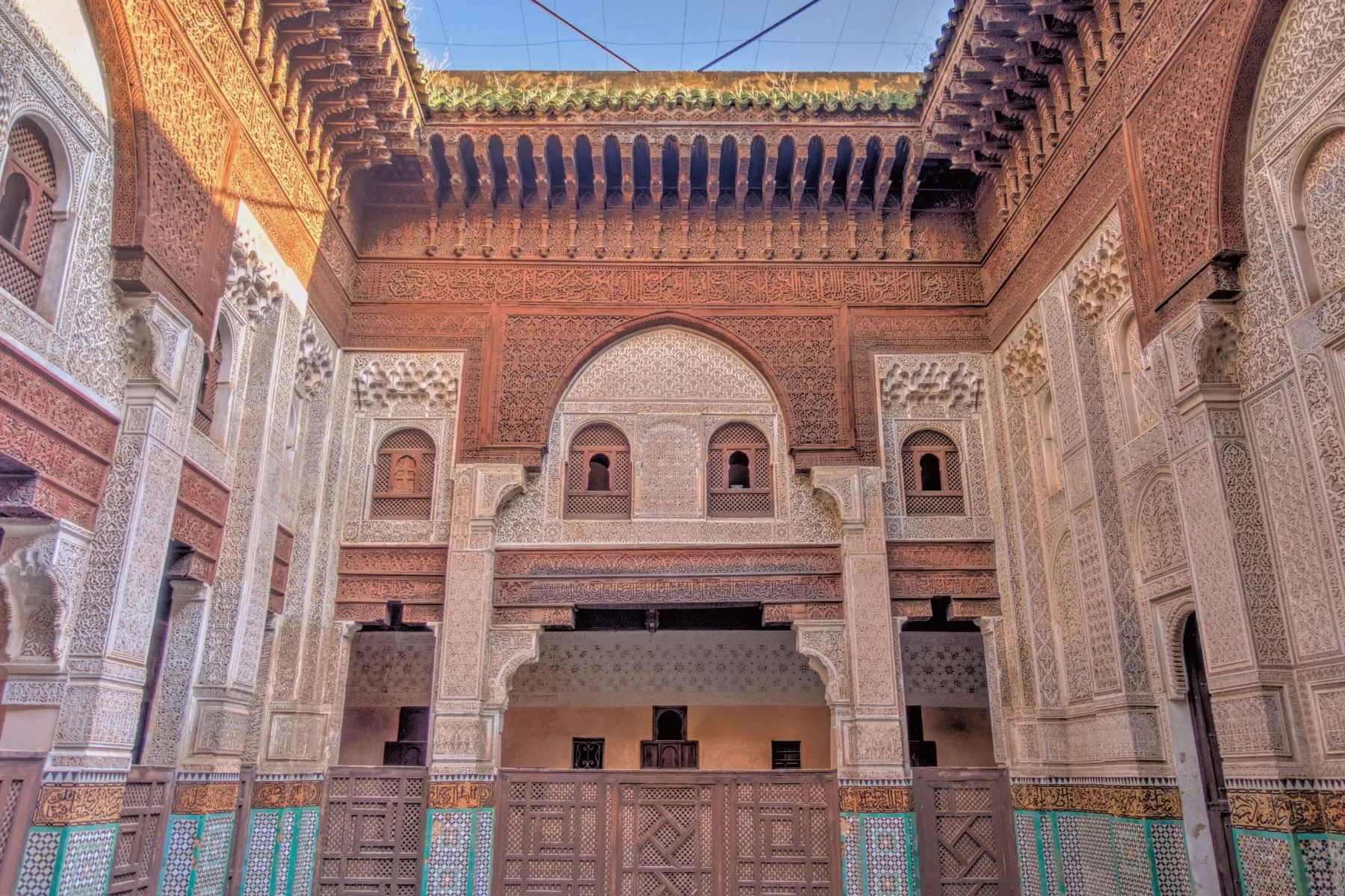 Intricate carved stucco and wooden details of traditional Moroccan architecture style
